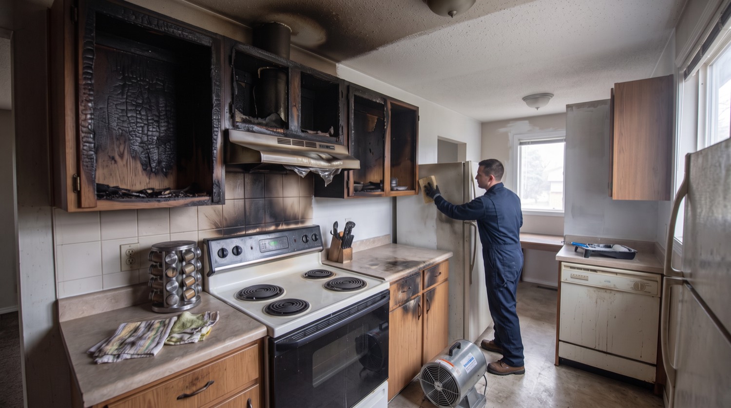 Grease fire above a kitchen range, clean stage of the restoration