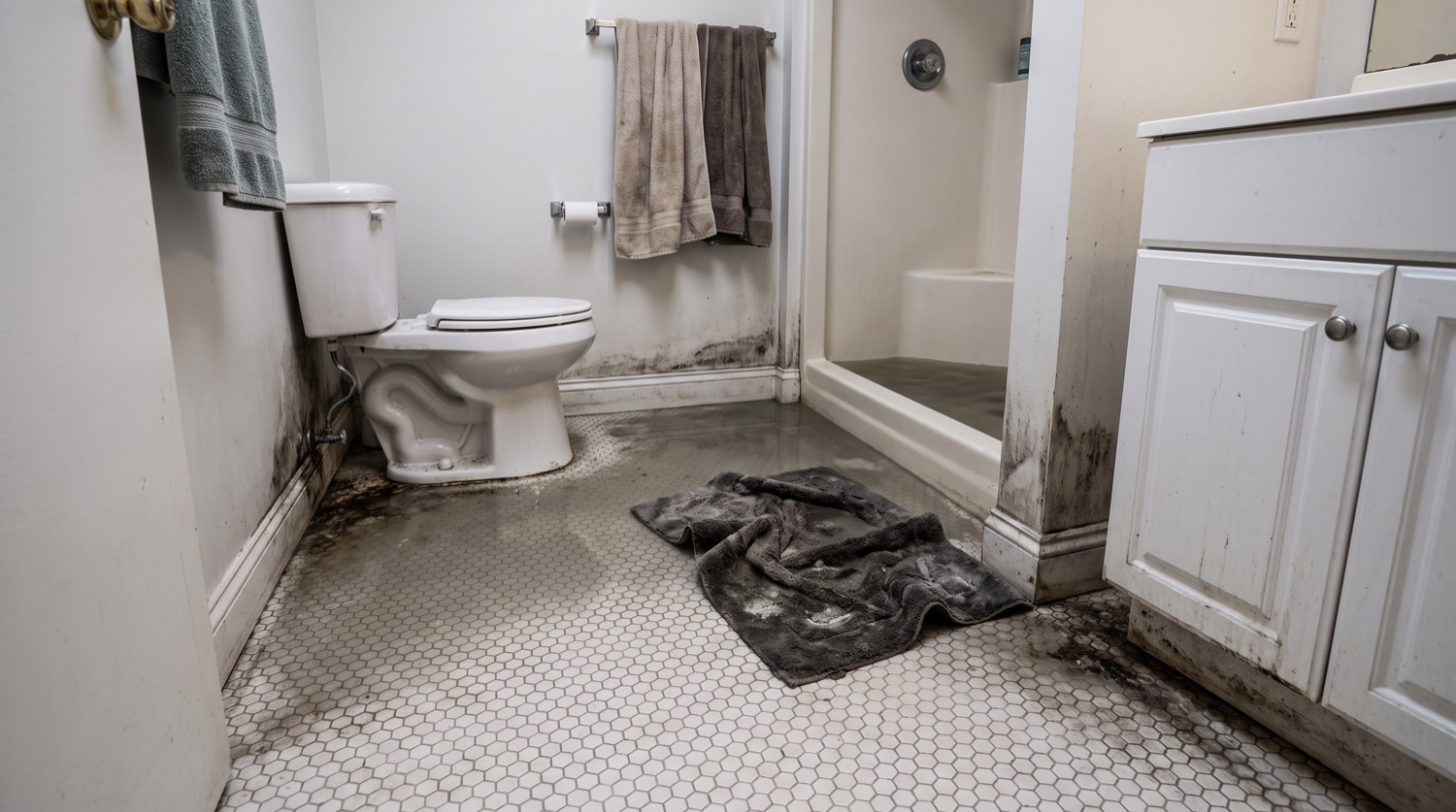 Sewage backup through a bathroom floor, the damage as found on arrival