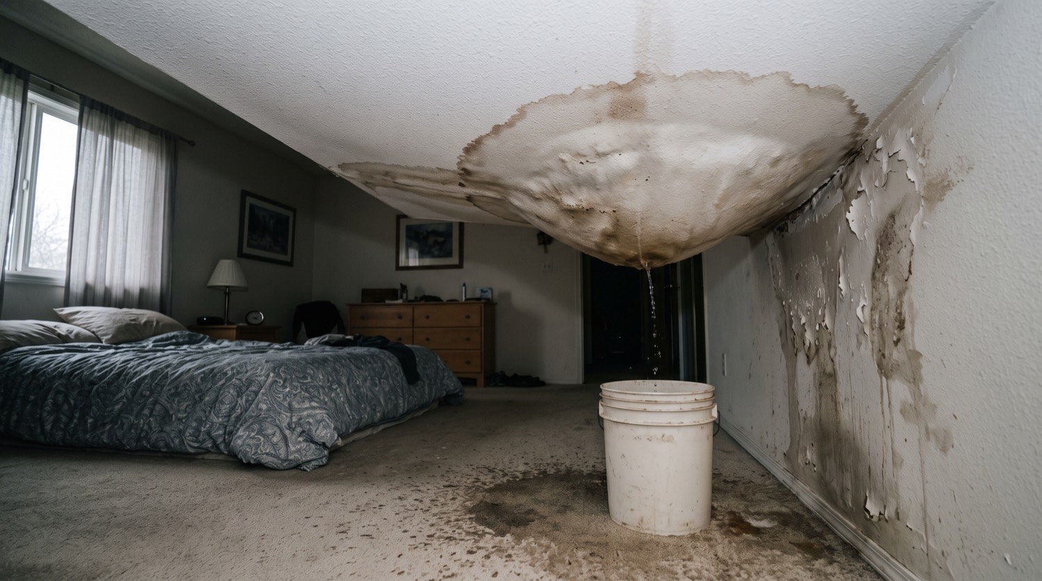 Storm roof leak into a bedroom ceiling, the damage as found on arrival