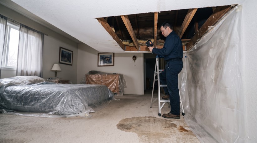 Roof leak into a bedroom ceiling, stage 2 of the sequence