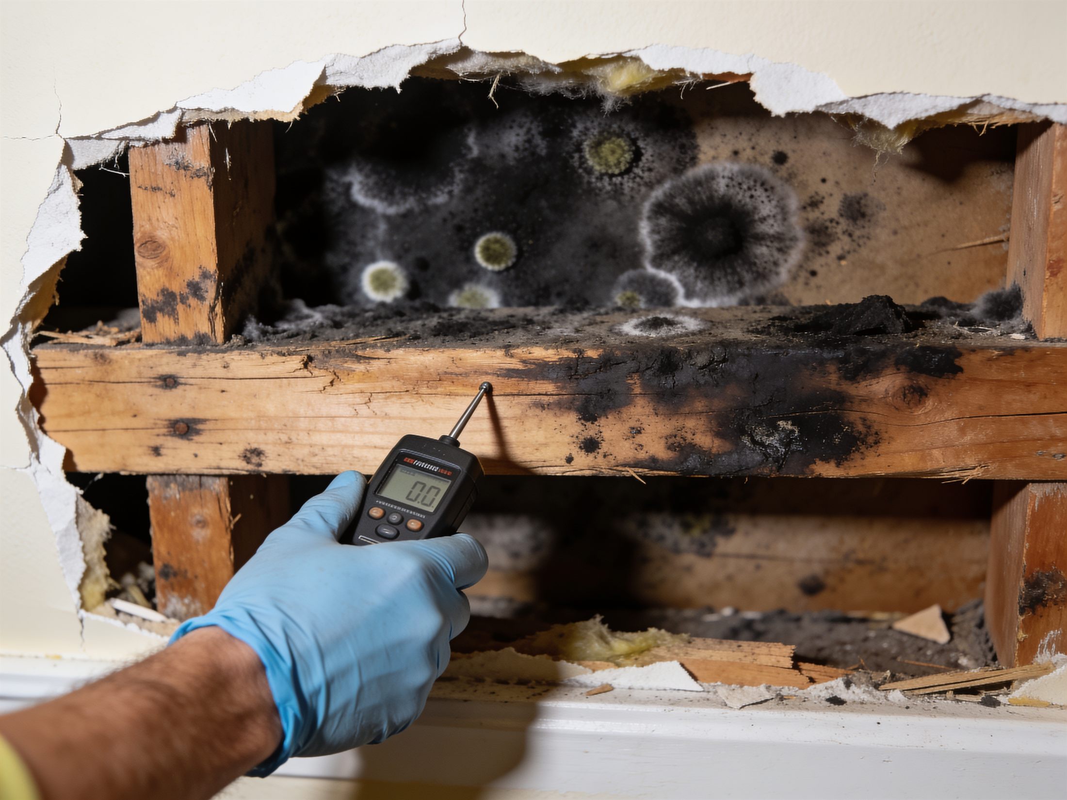 Mold growth found inside a wall cavity behind cut-open drywall during inspection