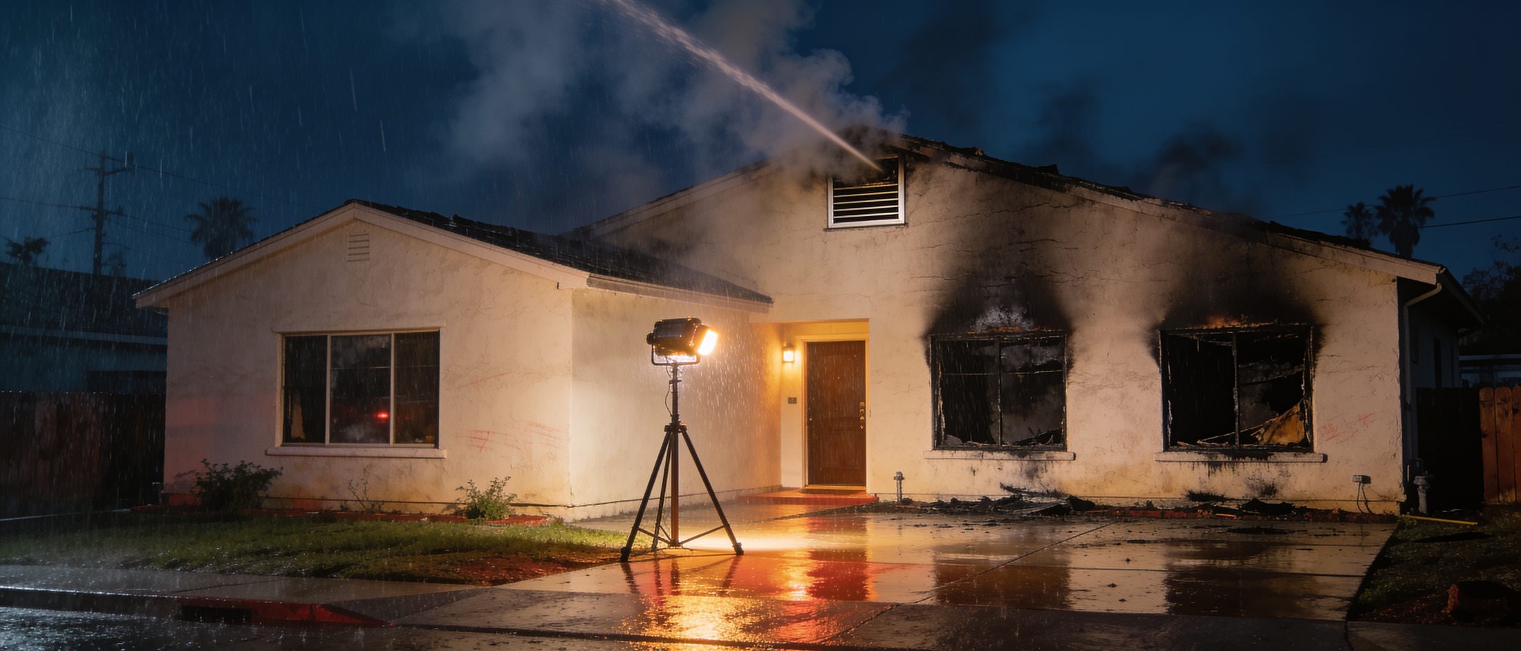 Emergency response at a damaged property at night