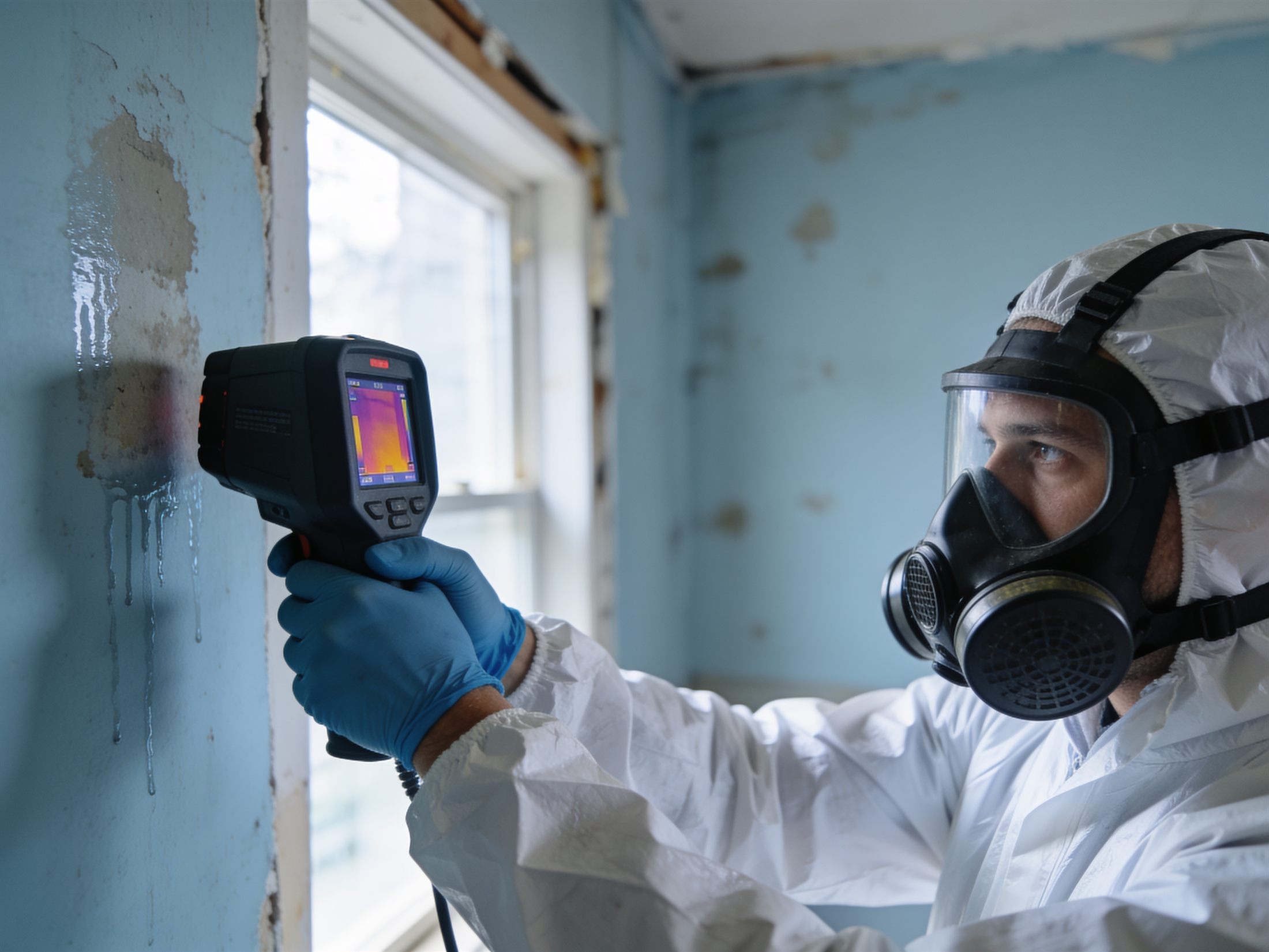 Technician reading moisture behind a wall with a thermal camera